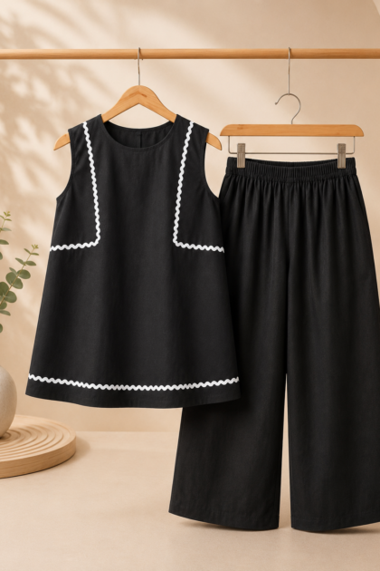Girls Jet Black Summer Lawn Suit with Zig-Zag Lace