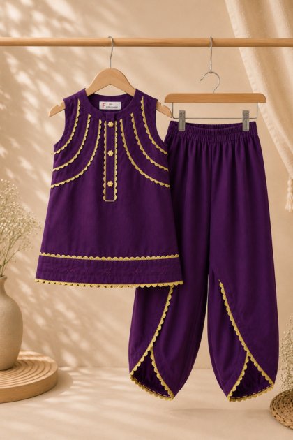 Girls Deep Purple Lawn Suit with Tulip Shalwar