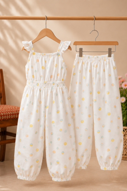 Girls Off-White Pastel Polka Dot Cotton Jumpsuit
