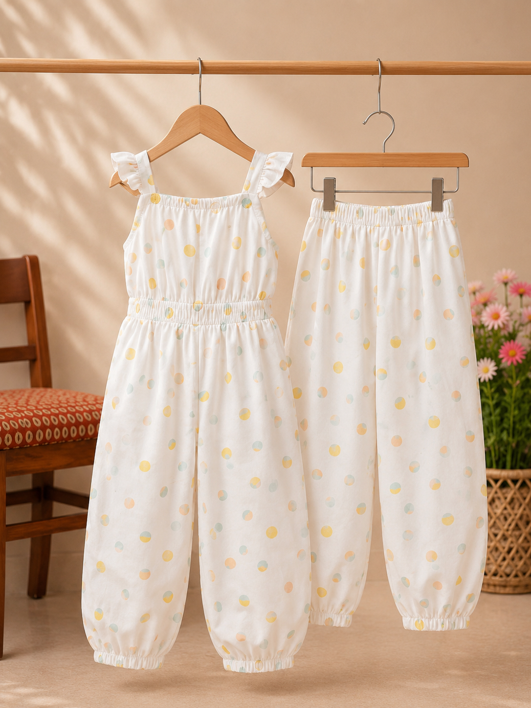Girls Off-White Pastel Polka Dot Cotton Jumpsuit