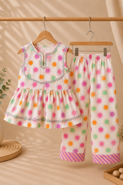 Toddler Girls Colorful Print Peplum Set with Silver Lace