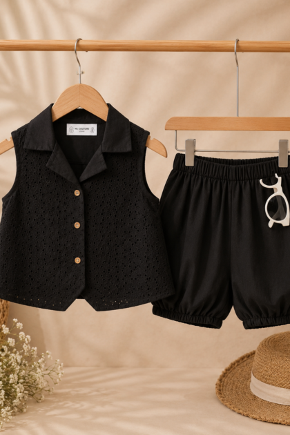 Toddler Girls Black Eyelet Embroidered Waistcoat & Bloomer Set