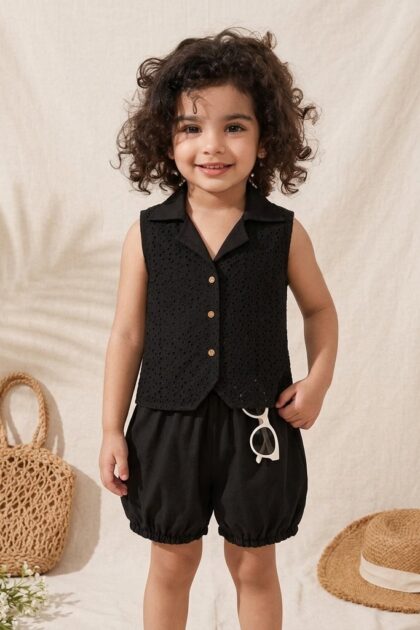 Toddler Girls Black Eyelet Embroidered Waistcoat & Bloomer Set