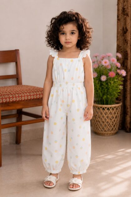 Girls Off-White Pastel Polka Dot Cotton Jumpsuit