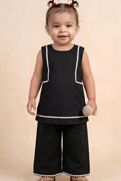 Girls Jet Black Summer Lawn Suit with Zig-Zag Lace