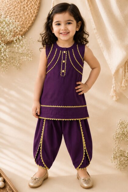 Girls Deep Purple Lawn Suit with Tulip Shalwar