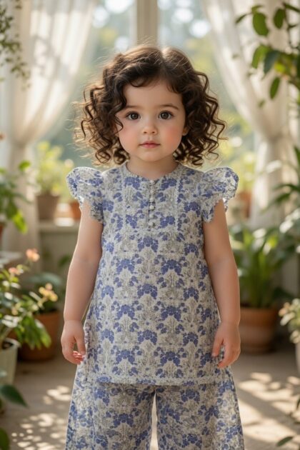 Girls Indigo Floral Lawn Co-Ord Set