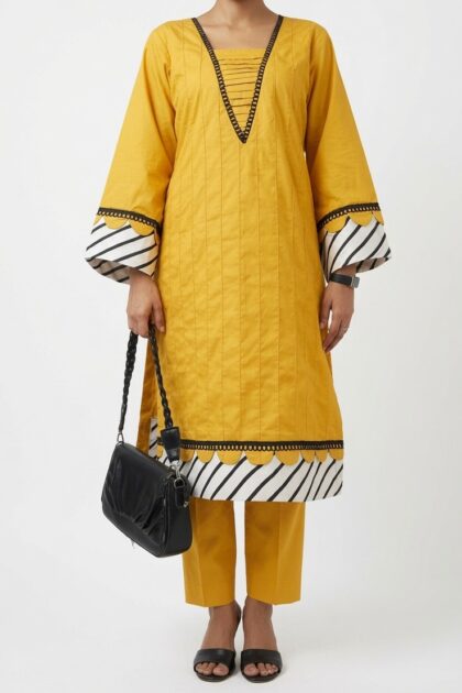Premium Yellow Scalloped Hem Suit with Black & White Stripes