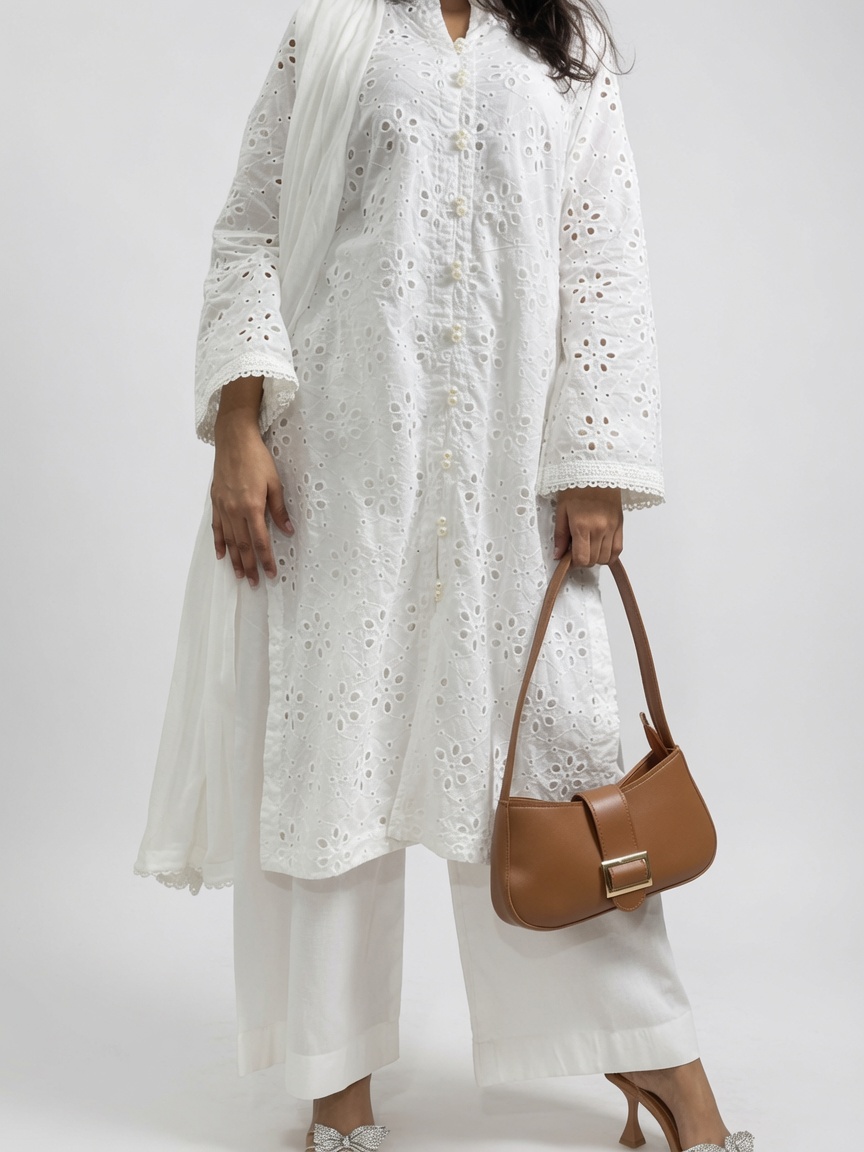 Elegant White Chikankari 3 Piece Suit