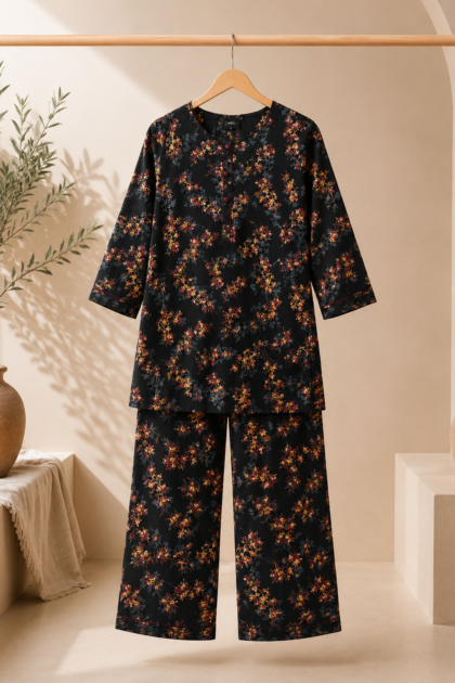 Elegant Black Floral 2-Piece Dhaka Pajama Set