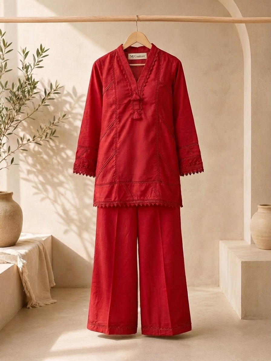 Crimson Red Lace Detailed Tunic & Wide-Leg Trouser Set