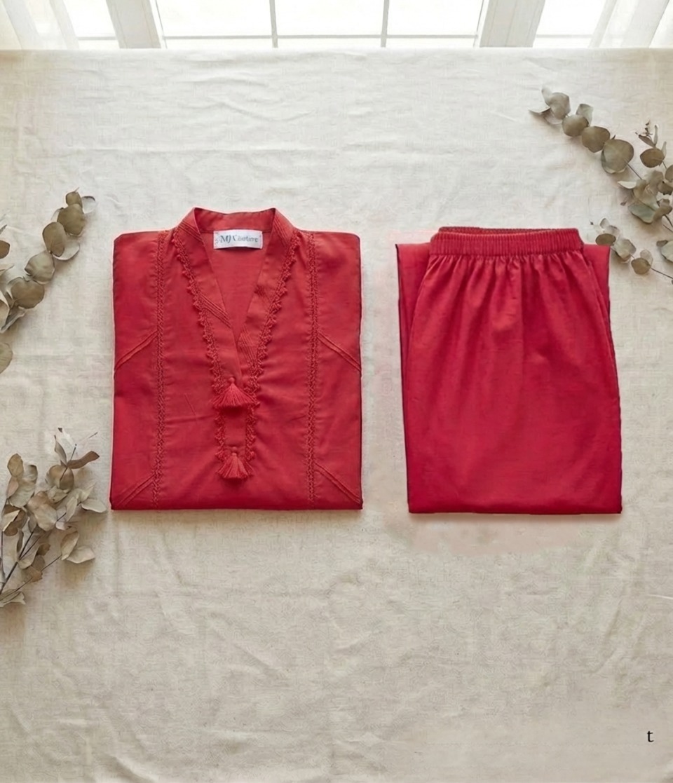 Crimson Red Lace Detailed Tunic & Wide-Leg Trouser Set