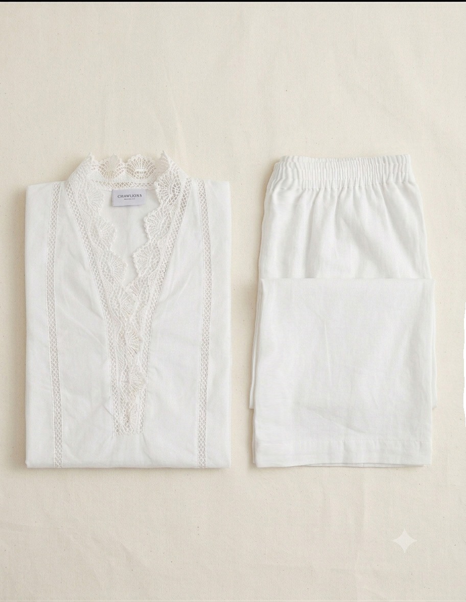 Pristine White Lace Detailed Short Shirt & Dhaka Pajama Set