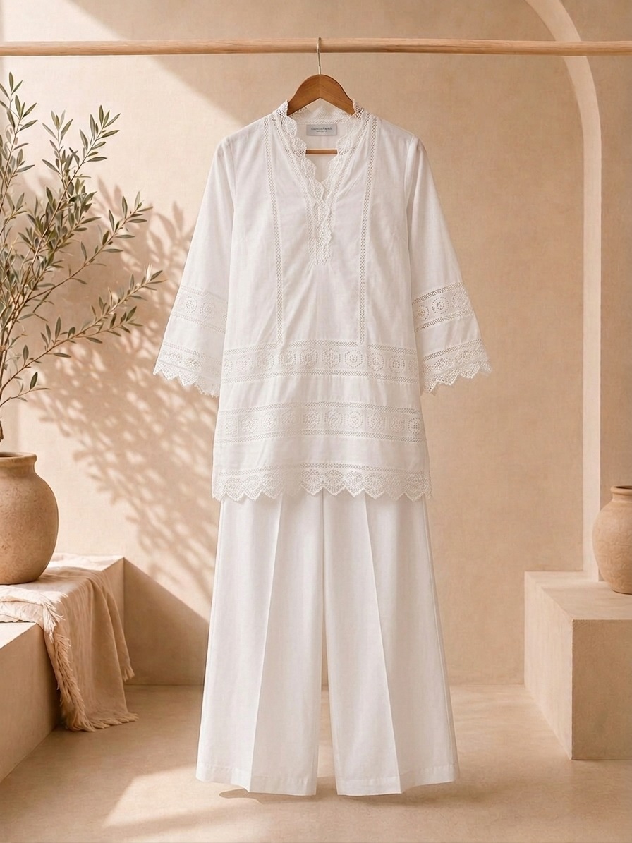 Pristine White Lace Detailed Short Shirt & Dhaka Pajama Set