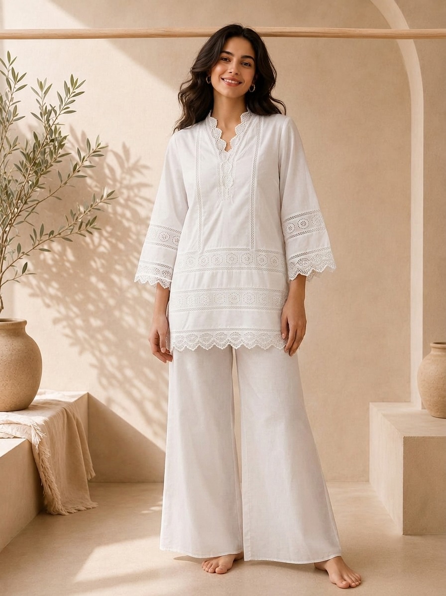 Pristine White Lace Detailed Short Shirt & Dhaka Pajama Set