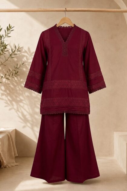 Deep Maroon Lace Detailed Short Shirt & Dhaka Pajama Set