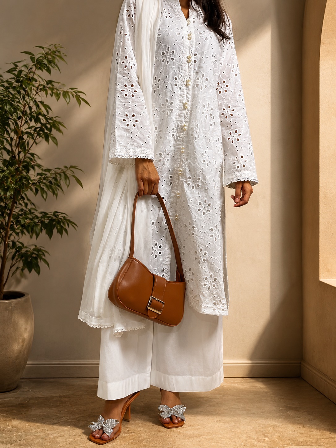 Elegant White Chikankari 3 Piece Suit - Image 4