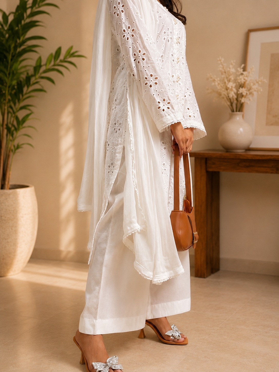 Elegant White Chikankari 3 Piece Suit - Image 3