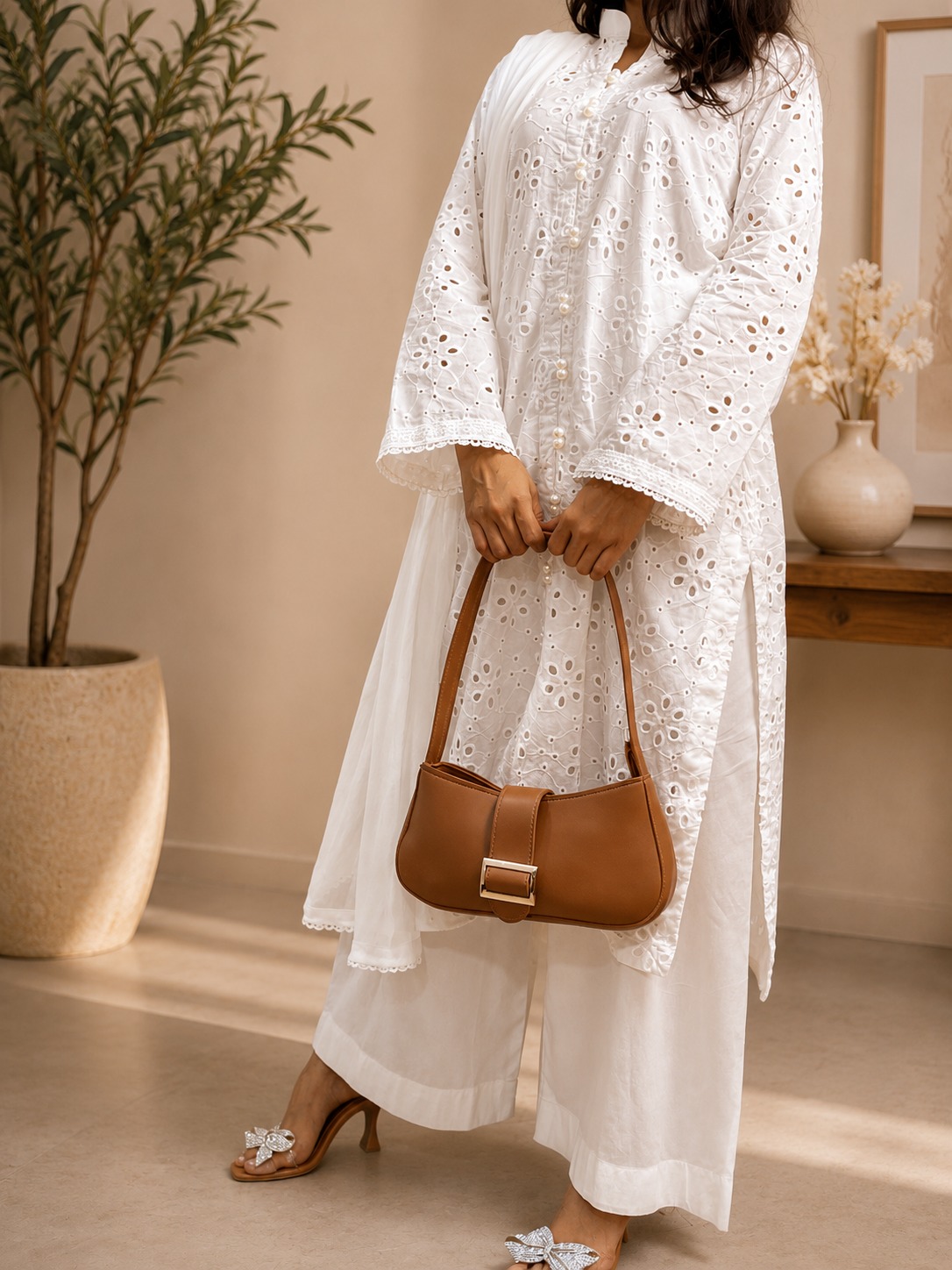 Elegant White Chikankari 3 Piece Suit - Image 2