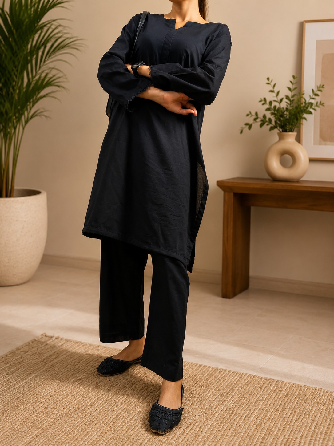 Elegant Midnight Black Minimalist Kurta Set - Image 3