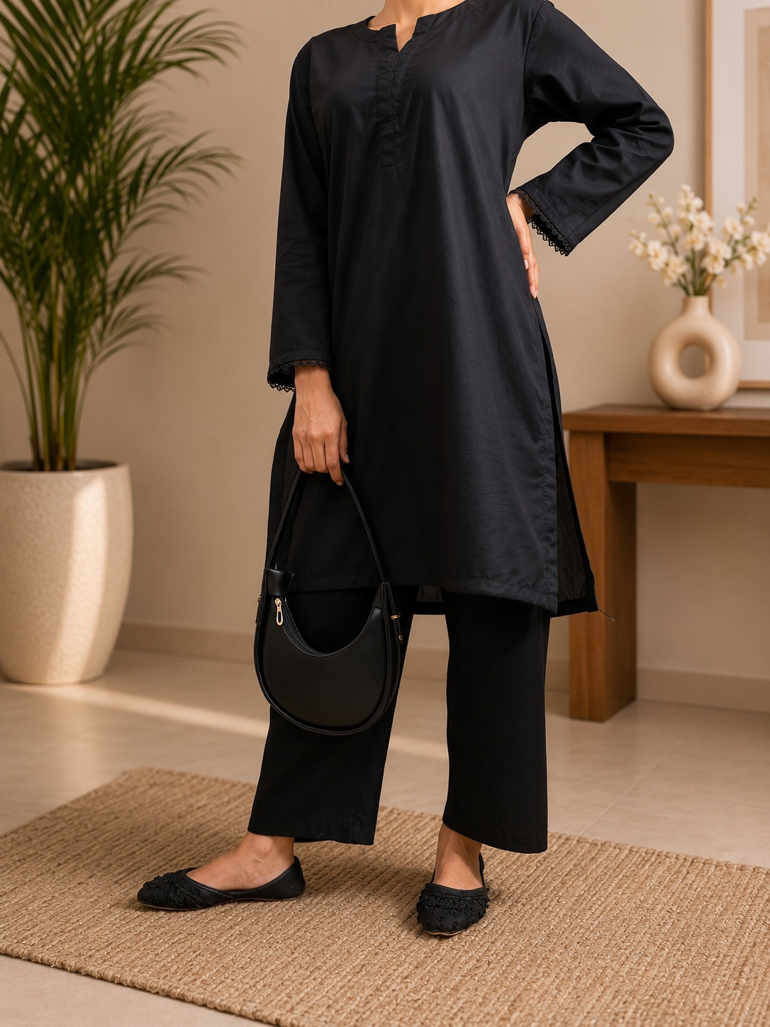 Elegant Midnight Black Minimalist Kurta Set - Image 2