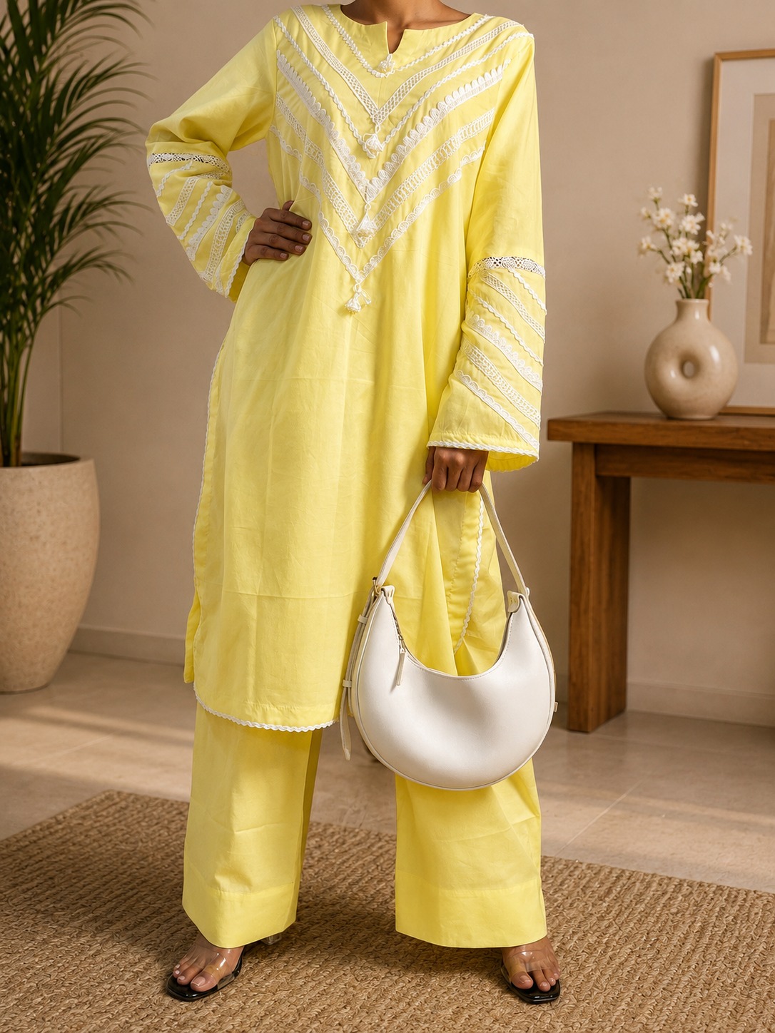 Sunny Pastel Yellow Lace-Detail Kurta Set - Image 2