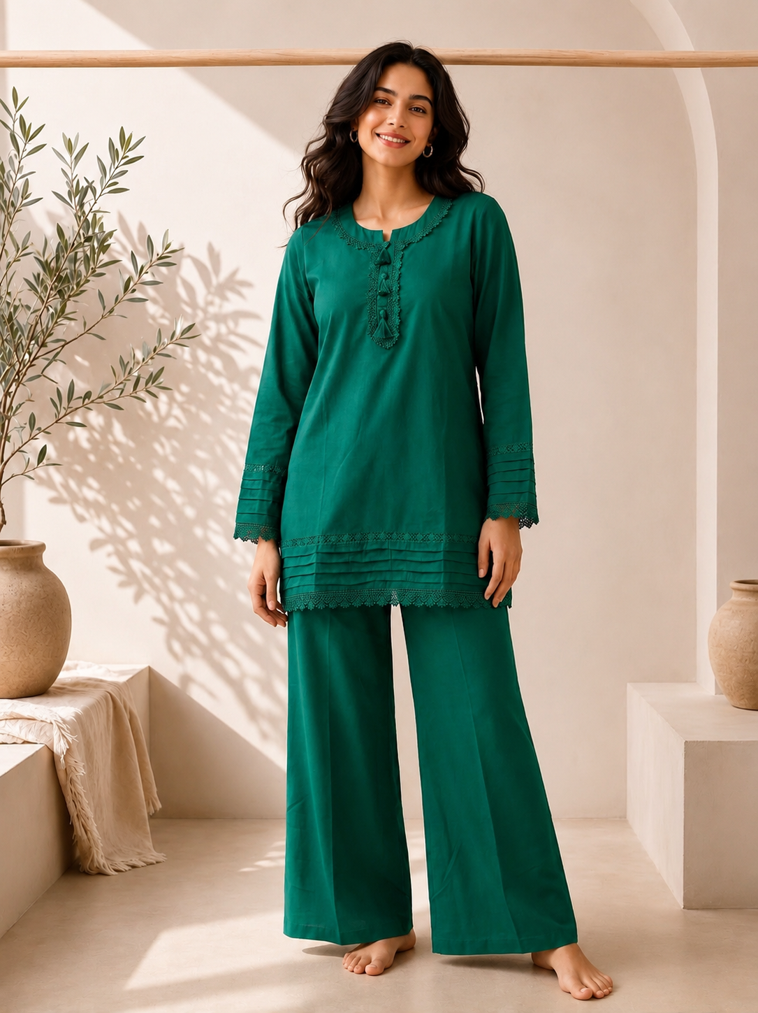Emerald Green Tassel & Pin-Tuck Detailed Tunic Set