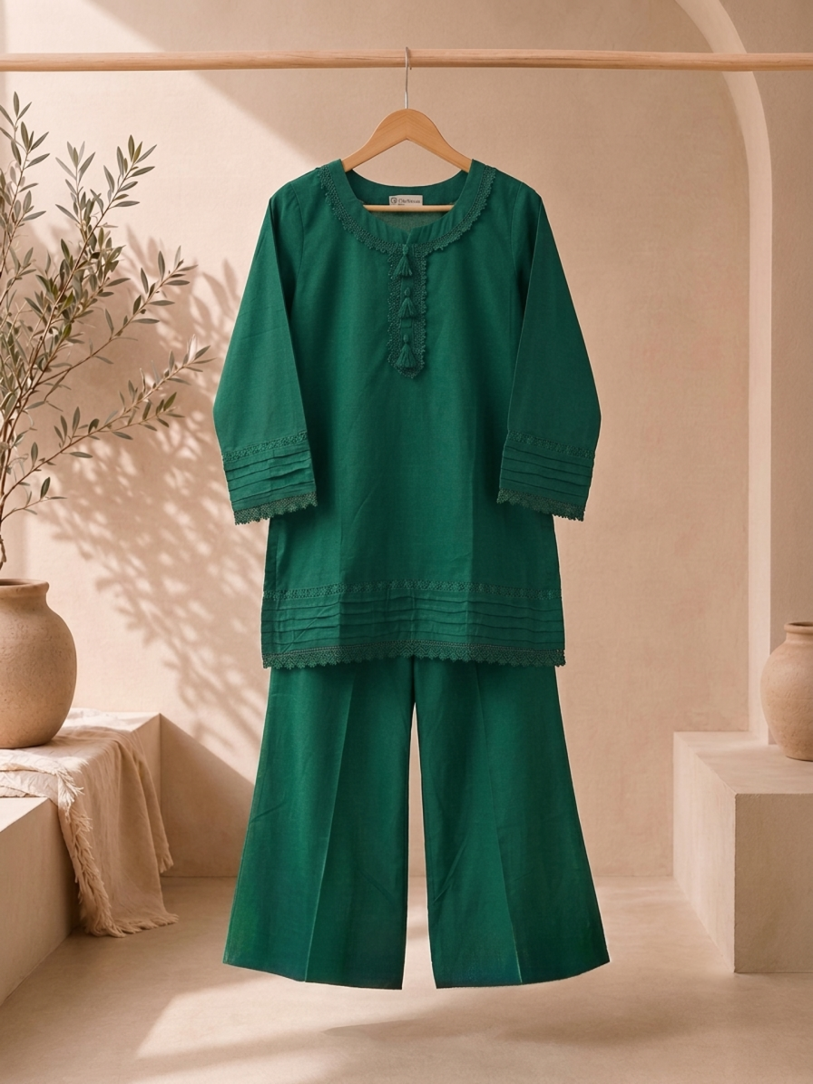 Emerald Green Tassel & Pin-Tuck Detailed Tunic Set