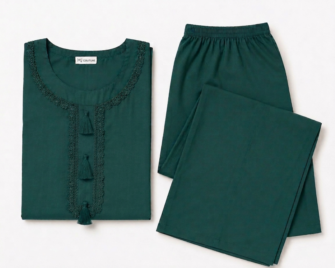 Emerald Green Tassel & Pin-Tuck Detailed Tunic Set