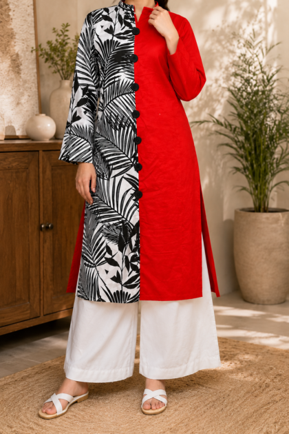Black and White Botanical Leaf Print and a Vibrant Solid Red