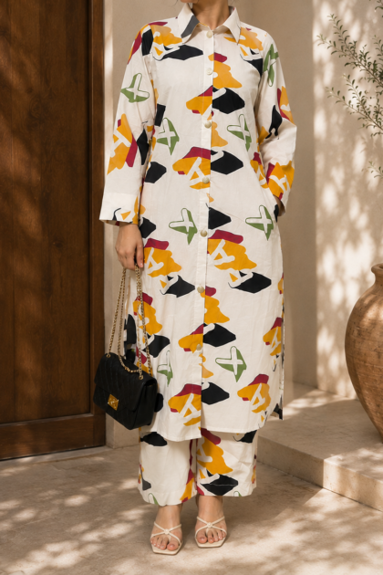 Printed 2-Piece Co-Ord Set – Long Shirt with Trouser