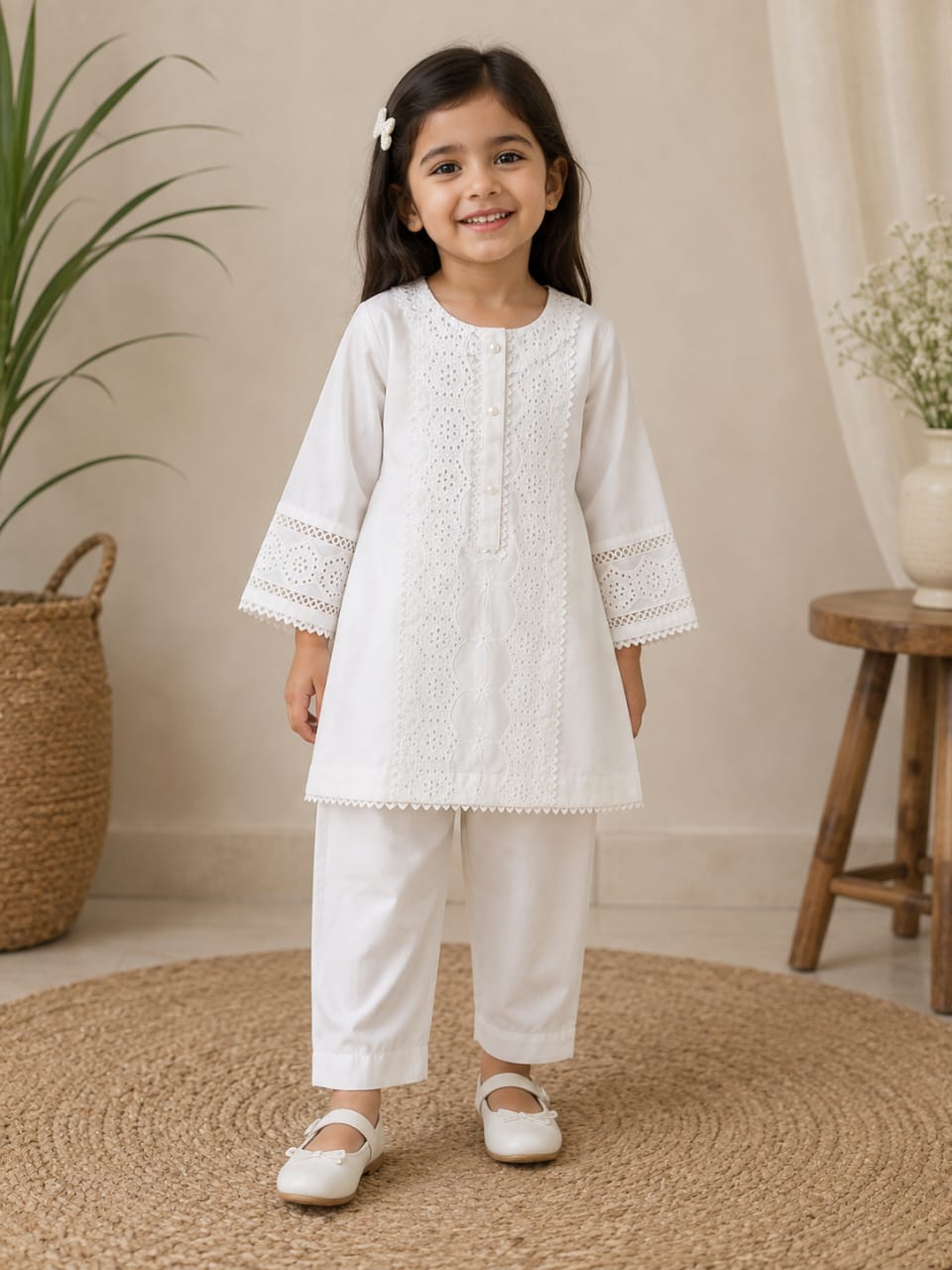 White Embroidered 2-Piece Girls Suit
