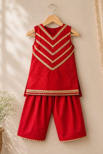 Red & Gold Embroidered 2-Piece Set for Girls