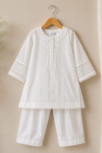 White Embroidered 2-Piece Girls Suit