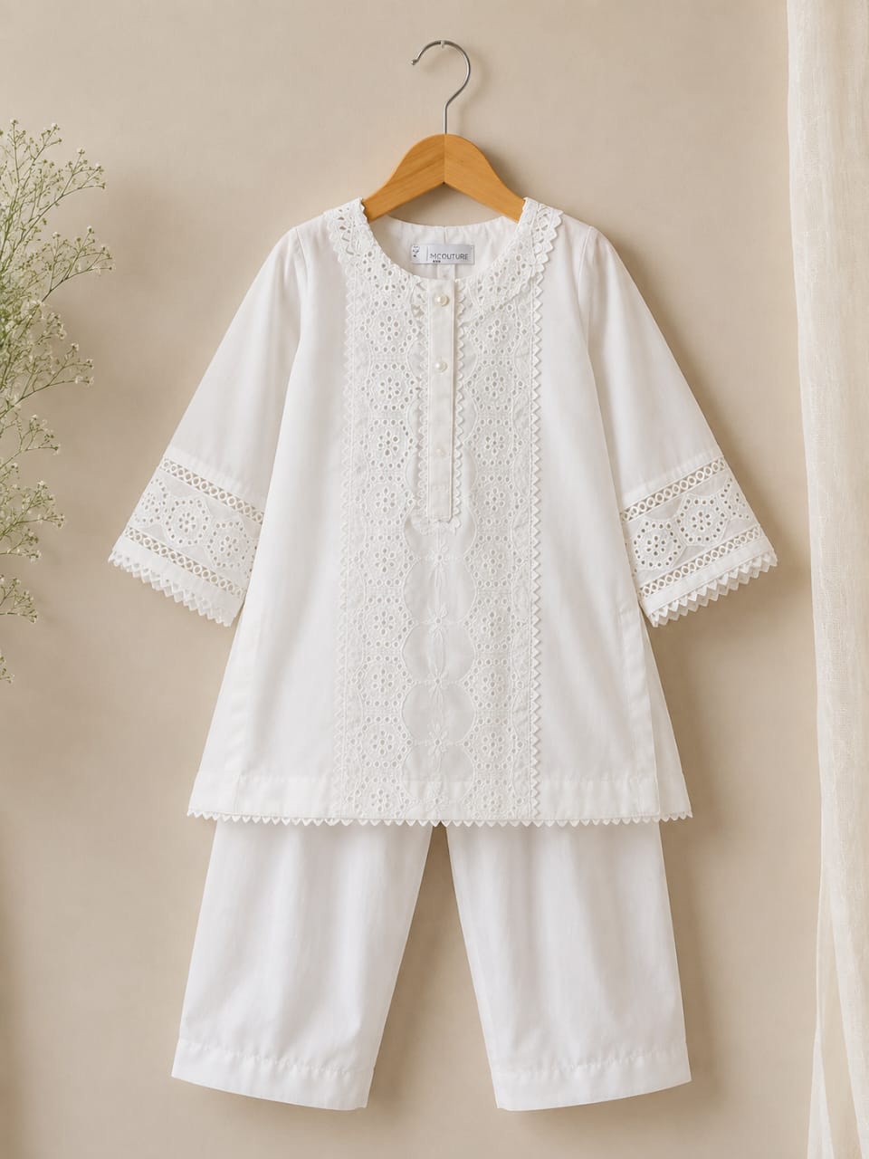 White Embroidered 2-Piece Girls Suit