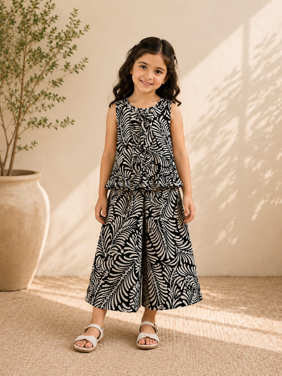 Black & White Printed 2-Piece Girls Co-Ord Set